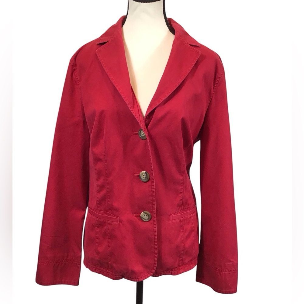 LL Bean Womens Cotton Blazer Size 16 Red Button Front Lightweight Jacket Preppy